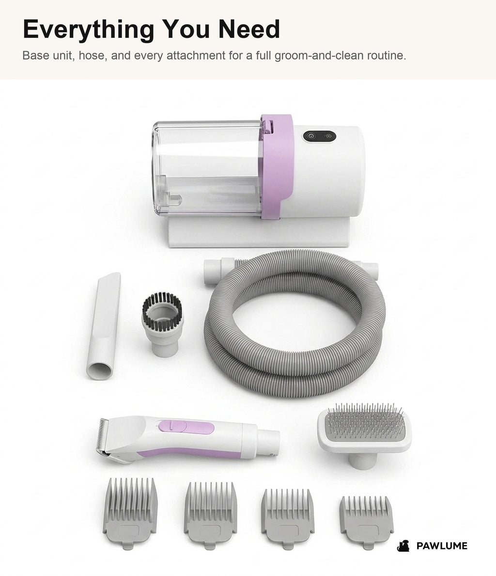 Everything included with the Pawlume grooming vacuum kit