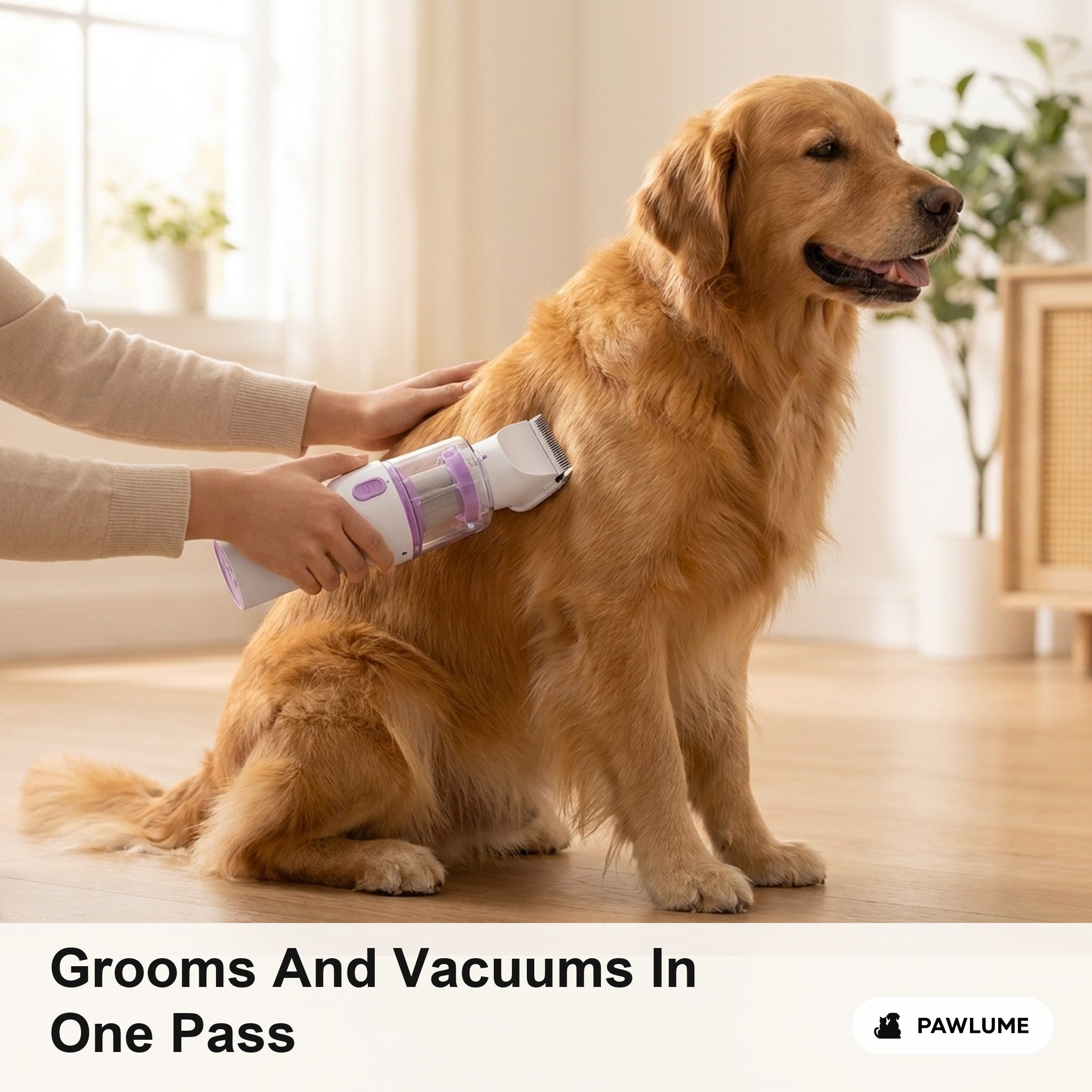 Grooming and vacuuming a golden retriever in one pass